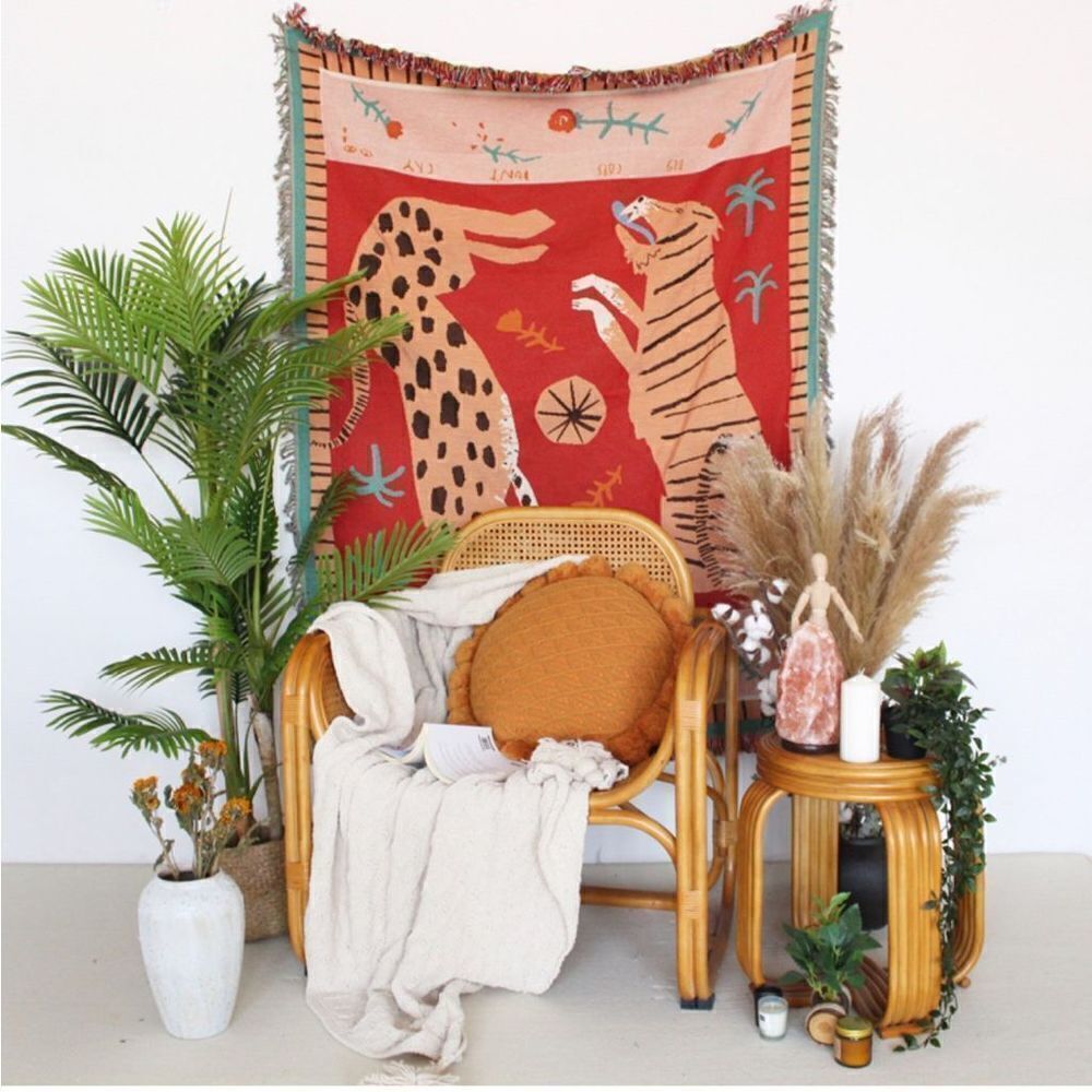 Tiger and Cheetah Boho Orange Woven Throw Blanket Tapestry Big Cats Don’t Cry - Picture 2 of 7